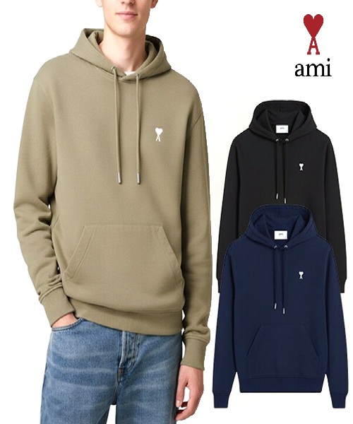 [병행수입][아미] 화이트 로고 플리스 후드_블랙 XS